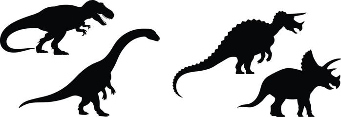 Four black dinosaur silhouettes including Tyrannosaurus rex, Stegosaurus, and Triceratops, isolated on white background, perfect for prehistoric, educational, decorative, and design projects. © MSTNASRIN