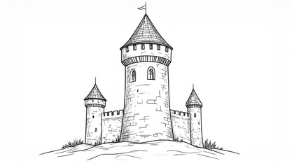 Obraz premium Detailed Sketch of a Medieval Castle with Towers.