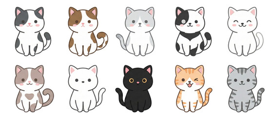 Adorable cartoon cat collection in various colors and patterns