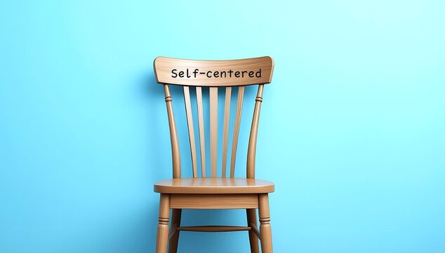 Chair on blue background with label Self-centered - a person who makes everything about them or preoccupied with themselves