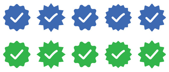 Verified badges icon. Blue and green Tick icon to verified badges. Blue and green verified social media account icon. Vector illustration. © Pulak
