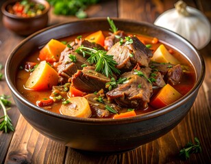 Slow-cooked beef stew with carrots and potatoes in ceramic bowl on wooden background