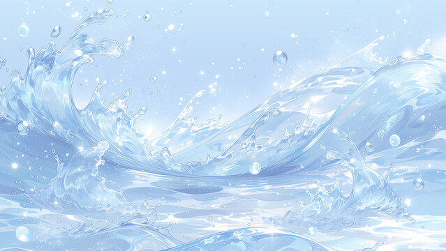 明るい水色の背景に広がるダイナミックな水しぶきと気泡