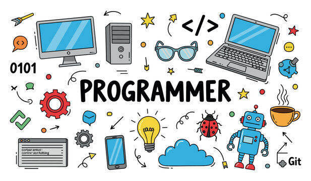 Colorful programmer icons: computer, code, robot, and tech elements