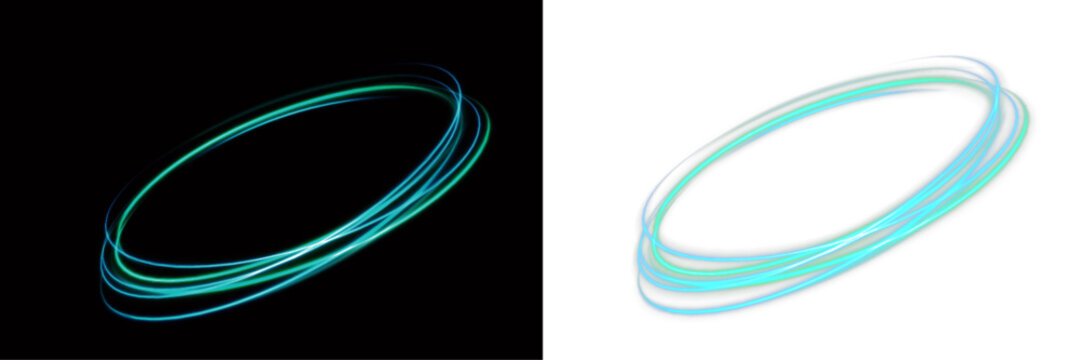 Blue neon ring glows brightly against a dark transparent background. Circular light trails spiral dynamically. Perfect abstract element for futuristic motion graphics.