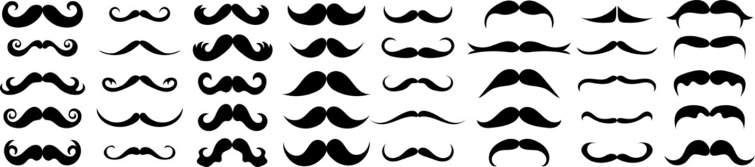 Large collection of mustache silhouettes in vintage and retro barber style. Variety of classic facial hair shapes isolated on light background. Perfect for barbershop branding, grooming themes, hipste
