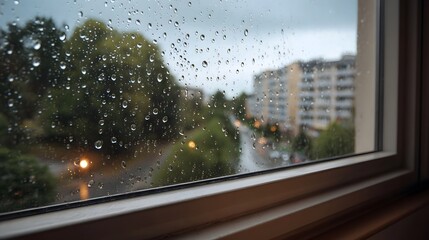 Overcast rainy day view through a window speckled with water drops showing a blurred cityscape with apartment buildings and trees