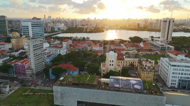Drone Aerial of Marco Zero and Recife Antigo at Night &ndash; City Lights, Crowd and Capibaribe River, Pernambuco Brazil