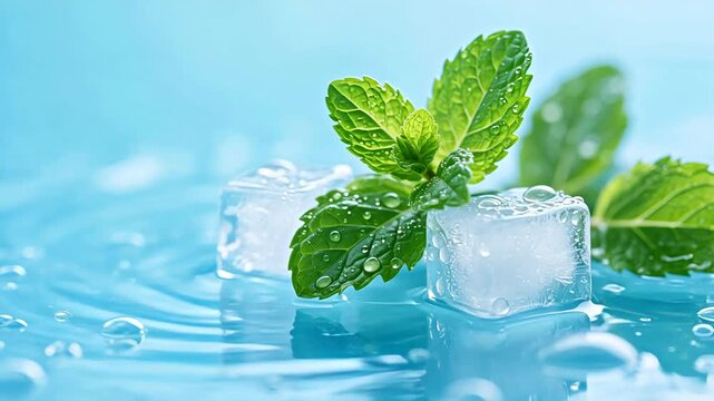 TransparentIceCubewithMintLeavesonBlueWater