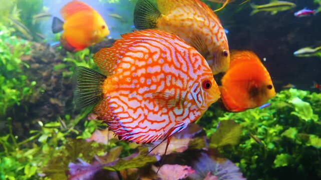 Close up view of red freshwater discus fish slowly swimming around underwater between water plants