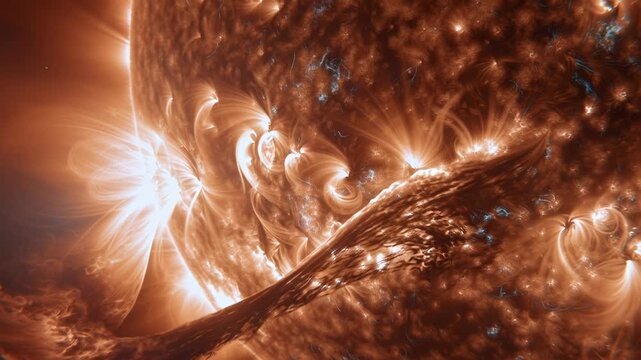 Close-up view of solar flare activity on the sun's surface showing intense plasma and magnetic fields.