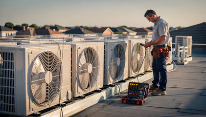 Technician inspects large air conditioning units on a commercial rooftop during the day, ensuring proper function and energy efficiency for the building