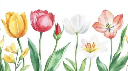Obraz premium Watercolor floral arrangement featuring vibrant tulips and delicate botanical details