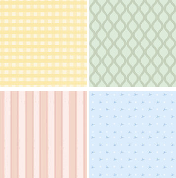 Collection of seamless pattern with polka dots, botanical repeats, stripes, gingham. Perfect for packaging, branding, visual identy design, social media, printable layouts and stationary