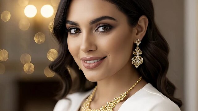 An elegant woman wearing exquisite gold jewelry with diamonds slowly turns to face the camera and offers a warm, confident smile. Her flawless makeup and sophisticated hairstyle complement the luxurio