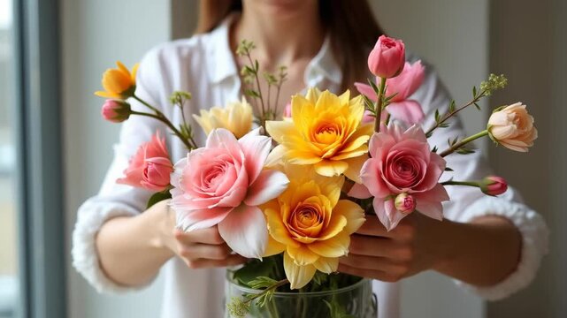 Flower arranging workshop bouquet making spring, floral design creative hobby learning, colorful blooms artistic composition beautiful