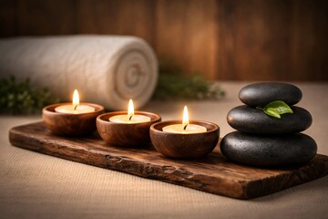 Luxury spa still life with lit tea light candles in wooden bowls, stacked black stones and soft towel. Warm ambient lighting creates a calming wellness, relaxation and mindfulness concept.