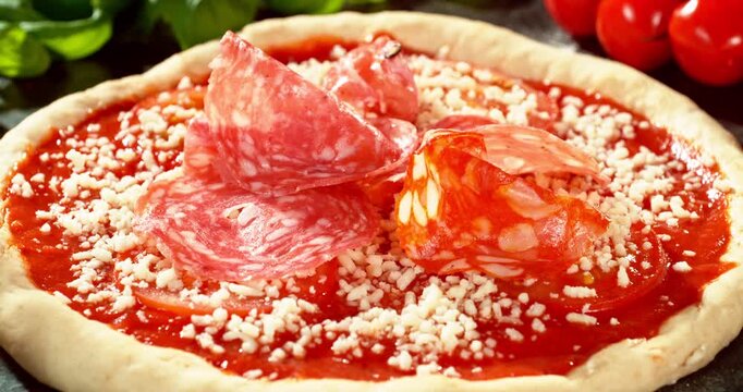 Super slow motion close-up of salami slices falling onto prepared pizza base with tomato sauce and mozzarella. Raw dough surrounded by fresh ingredients. Concept of pizza preparation and baking.