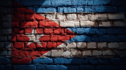 Fototapeta premium Cuban flag painted on a brick wall showing colors and design in an urban setting at night
