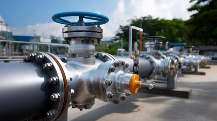 Obraz premium Oil pipeline with large valves and signboard, industry infrastructure for energy transportation, facility equipment, petroleum distribution system, with copy space
