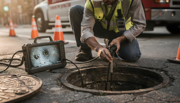 Manhole Investigation: Technician Inspecting Underground Infrastructure with Advanced Camera System for Maintenance and Repair, Ensuring Urban System Integrity