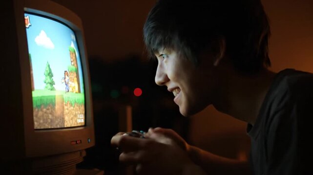 Young man playing retro video game on old CRT monitor
