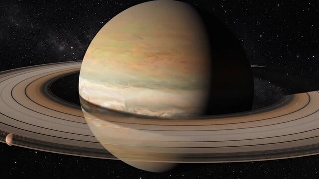 Saturn with rings, moon, and space.