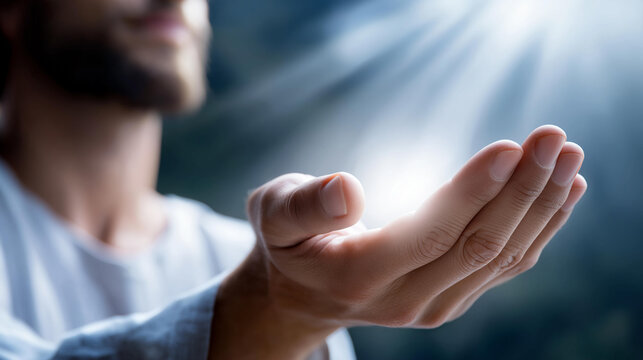 Divine being offering hand in gesture, defocused radiant background, faith concept, spiritual pose, divine radiance, sacred gesture, faithful background, heavenly symbolism, with