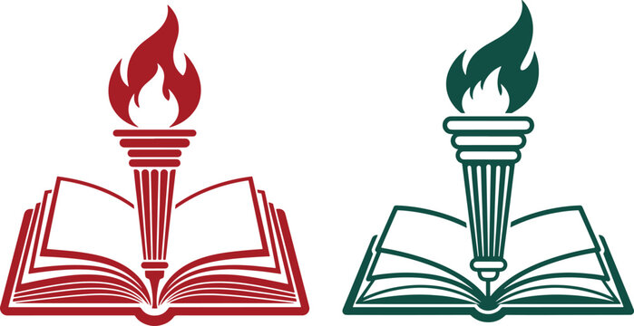 Two illustrations of an open book with a torch on top, one red and one teal