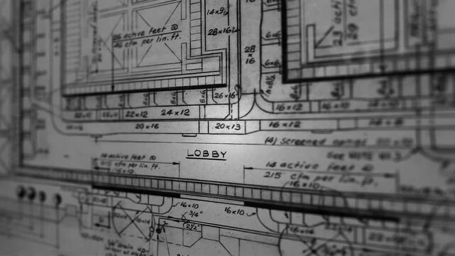 Close-up of an old architectural blueprint showing building plans and measurements