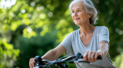 Fototapeta premium Faceless senior happy woman riding bicycle, isolated green background, defocused active summer sport, leisure activity, elderly fitness, healthy aging, outdoor exercise, with copy