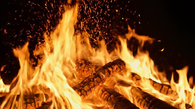 Closeup of burning wood with flames
