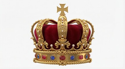 Ornate Royal Gold Crown with Red Velvet and Gemstones
