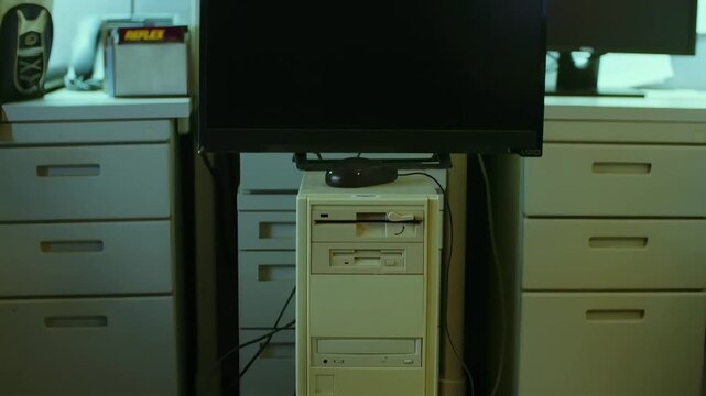 Vintage beige computer tower with floppy disk drives and monitor on a desk