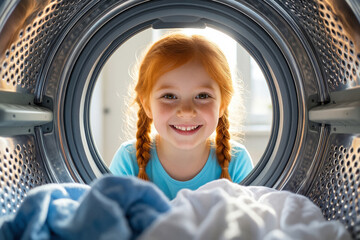 Adorable Little Redhead Girl Peeking into a Washing Machine with a Bright Smile - Domestic Chores and Childhood Concept