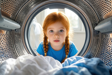 Adorable Little Redhead Girl Peeking into a Washing Machine with a Bright Smile - Domestic Chores and Childhood Concept