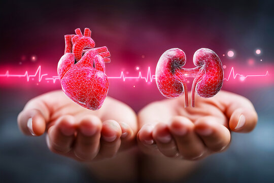 Hands showing anatomical heart and human kidneys with glowing ecg heartbeat line on gradient background.
