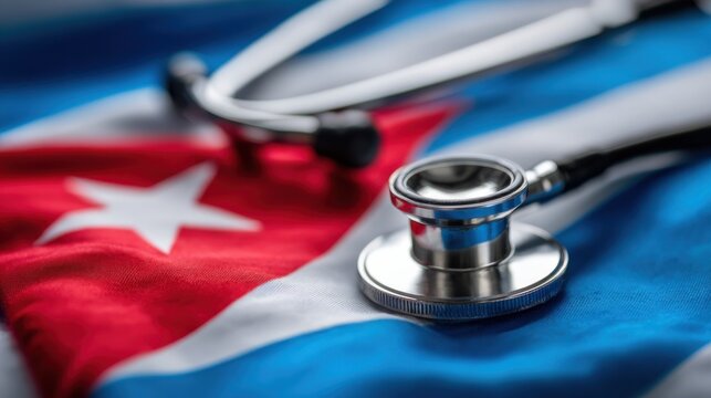 Stethoscope placed on a Cuban flag showing national pride and healthcare focus in Cuba