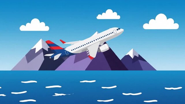 Airplane taking off over green hills and sunny sky illustration
