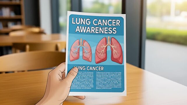 Hand holds lung cancer awareness flyer with diagrams of lungs on a wooden table