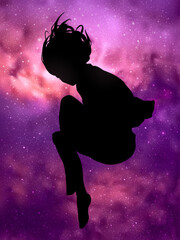Obraz premium Man flying in dream under starry sky. Silhouette of person in space
