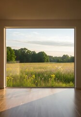 Fototapeta premium Serene meadow view through a modern window onto wooden floor