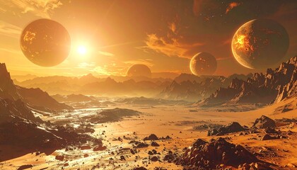 Surreal landscape with planets and suns setting over a rocky terrain