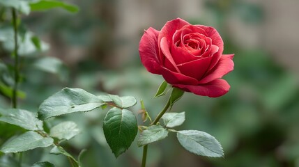 A vibrant red rose captured in full bloom showcasing delicate petals against lush green foliage in a garden