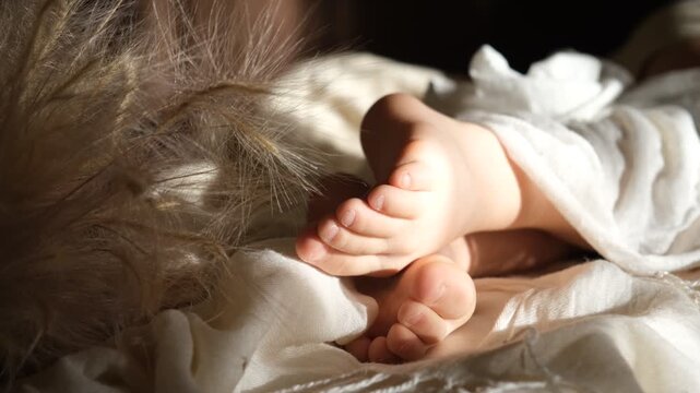 Close up barefoot young lady in the morning at home, relaxing.  Lying and enjoying rest