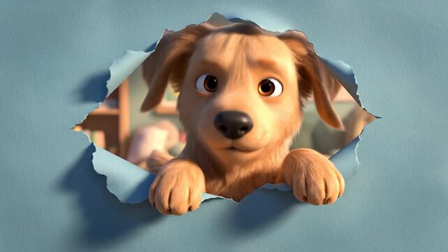 Animated dog peeking through torn paper background for visuals
