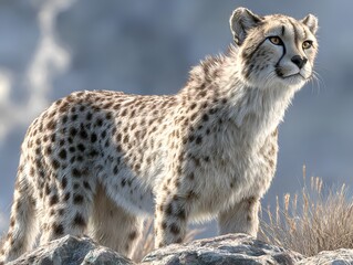 Fototapeta premium A detailed digital artwork showcases a cheetah standing on rocky terrain with its gaze directed towards something outside the frame and beyond.
