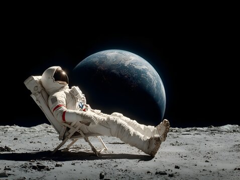 An astronaut in spacesuit relaxes on a lounge chair on the moon gazing back at the earth against the backdrop of outer space and stars.