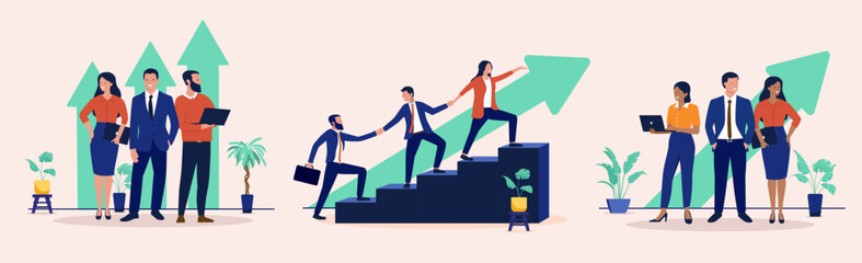 Collection of business team people working together for success and growth with colleagues helping each other climb a career ladder and standing before rising arrows, flat design vector illustration © Knut