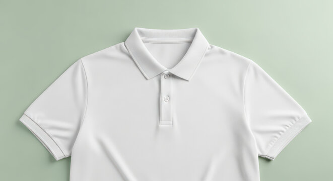 White polo shirt with collar flat lay on mint green background minimalist fashion apparel design